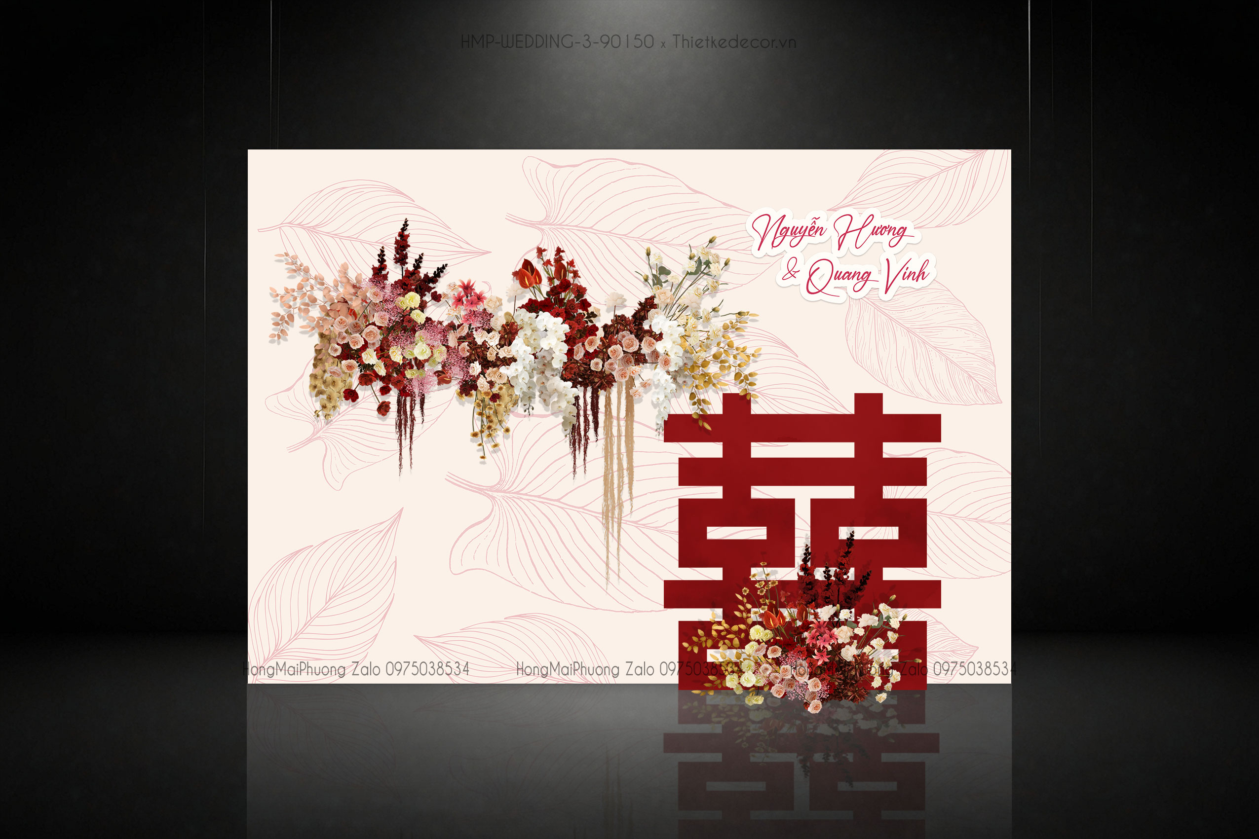 Backdrop check in tiệc cưới tone màu kem sang trọng kèm chữ Hỷ đỏ